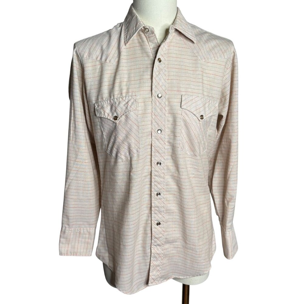 Vintage 70s H Bar C Pearl Snap Western Shirt 15.5 x 33 Beige Plaid Long Tail